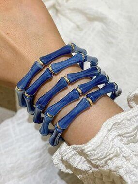 5 pc Acrylic Bangle Bracelets Resin Bamboo Blue Stretchy Bracelet Set Chunky